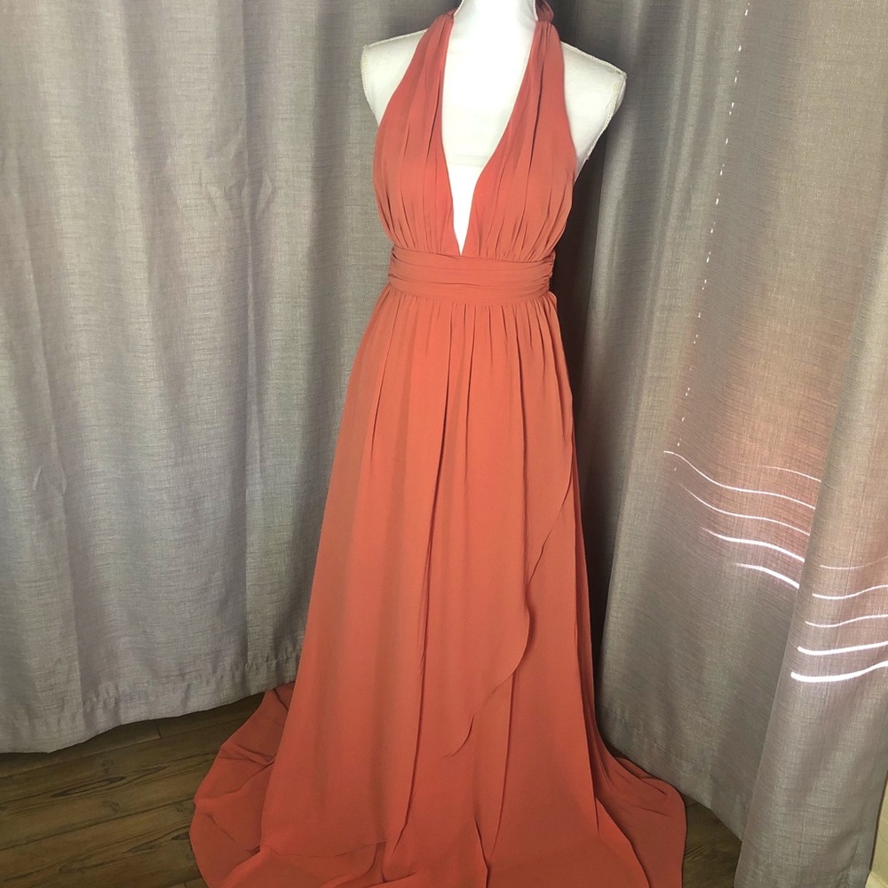 Lulu’s Full Length Peach Halter Prom Dress
